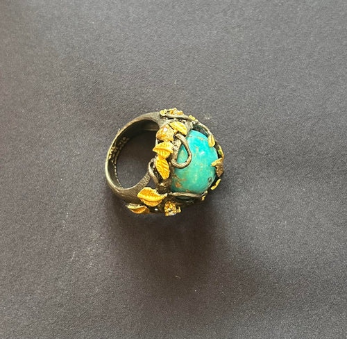 New Ottoman Art Ring, Grey Rhodium Diamond & Turquoise Ring 24K Gold Size 7